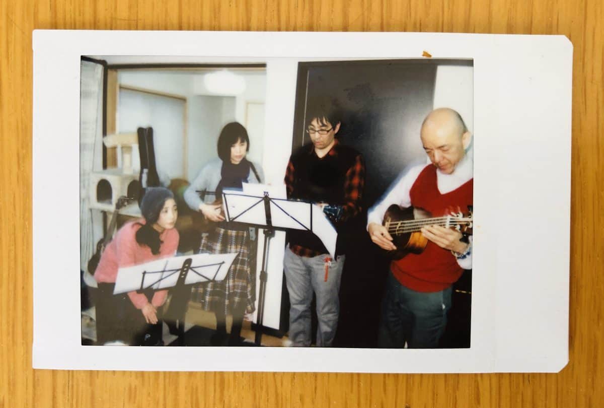 Mitsuko, Sachiko, Kobayahsi and Yano performed as the Lei-leis - a remix of Mae Maes but with Ukuleles (and percussion) Kazuko was also playing on guitar (not seen) 
