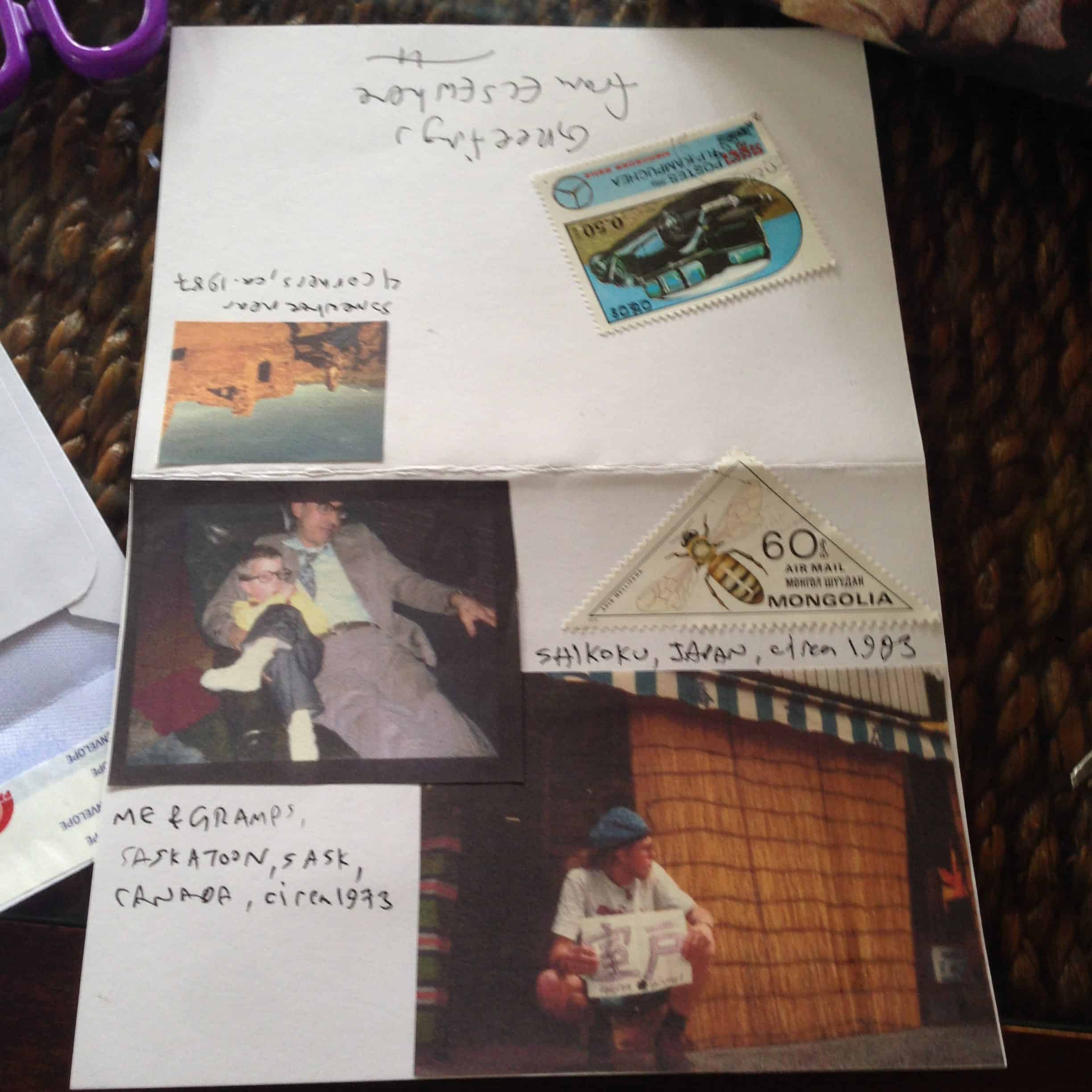 Greetz from Elsewhere: Travelling, 3 views (Grandpa teaching me, me hitch-hiking in Japan, posing at native ruins in New Mexico etc.) 