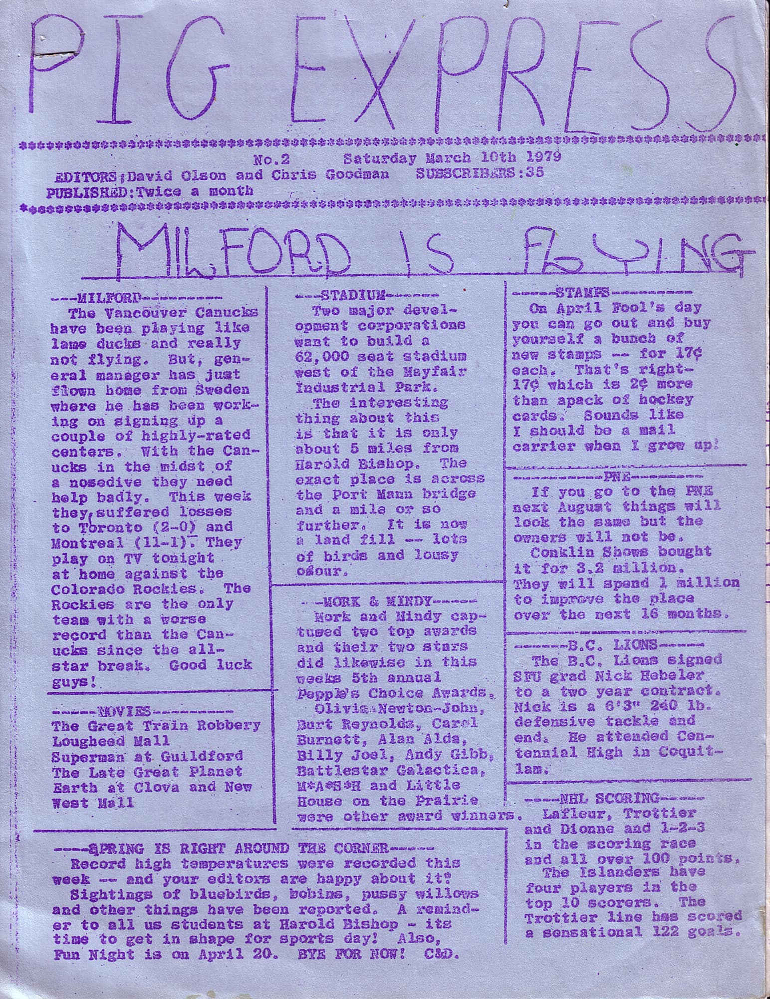 Pig Express - community newspaper, vol. 2, March 10, 1979 - Milford is Flying
